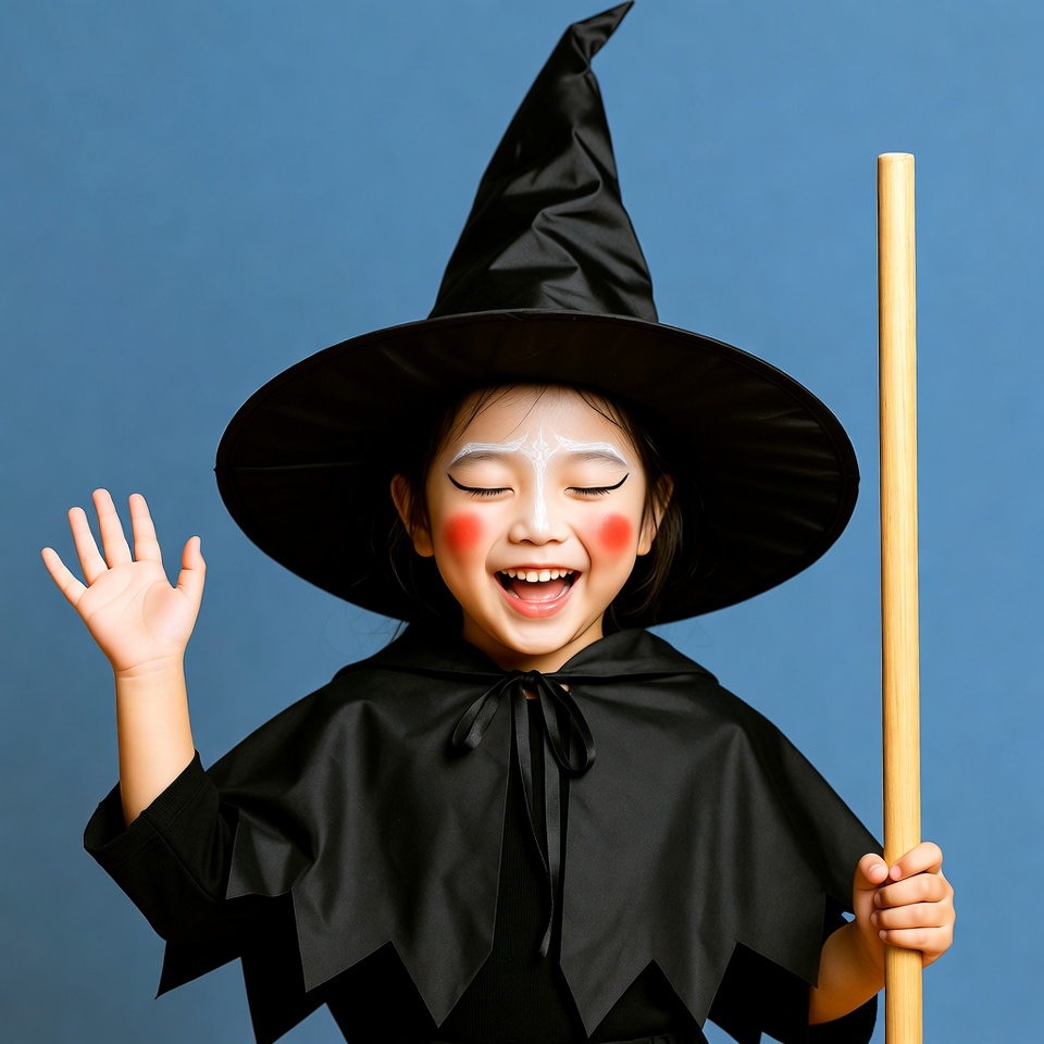 Asian girl waving in witch costume Asian girl waving in witch costume
