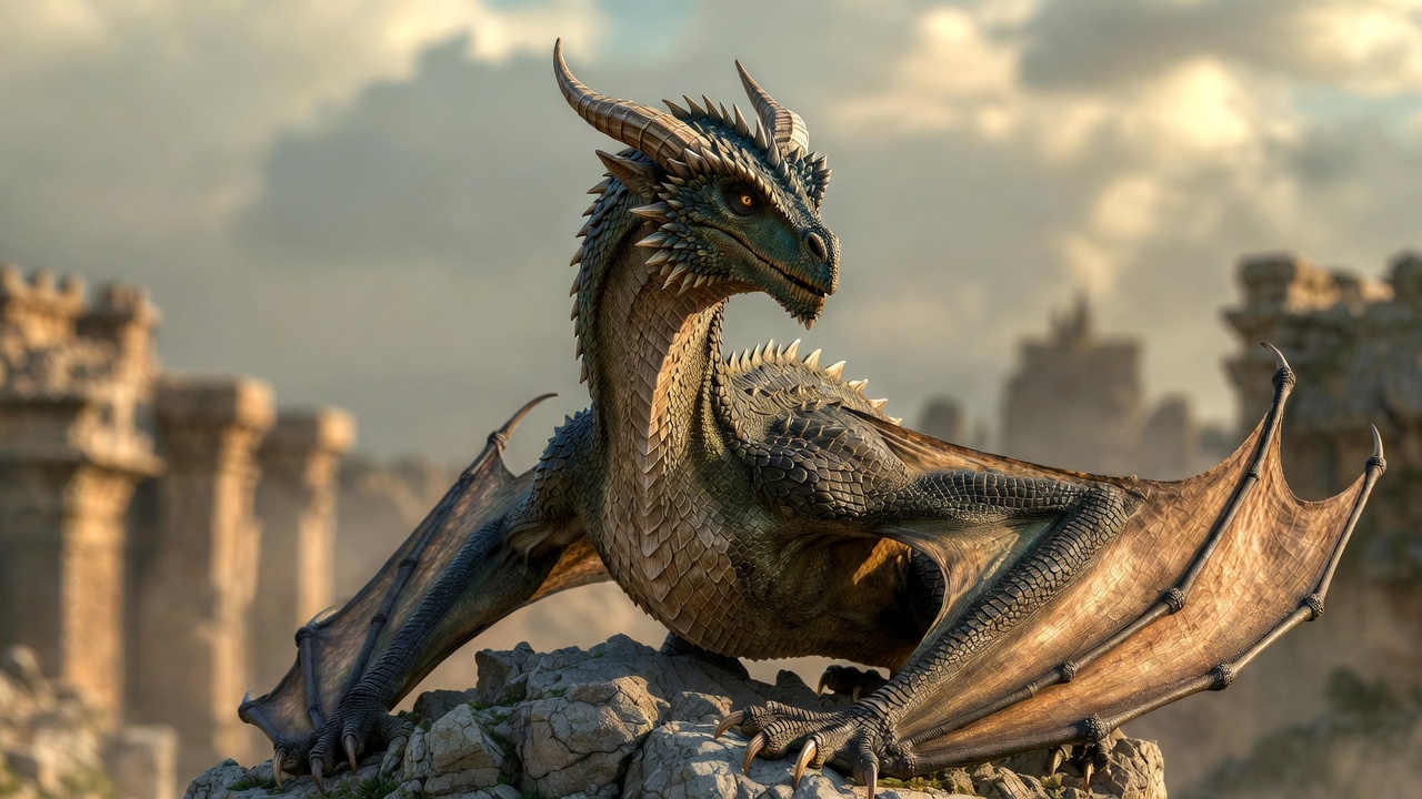 Majestic Dragon Perched on Ruins Majestic Dragon Perched on Ruins