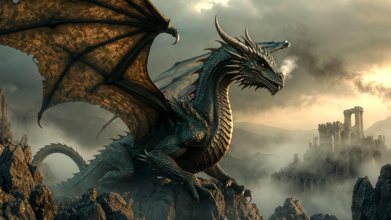Majestic Green Dragon Perched on Rocks Majestic Green Dragon Perched on Rocks