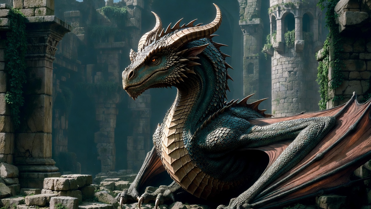 Majestic Dragon in Ancient Ruins Majestic Dragon in Ancient Ruins
