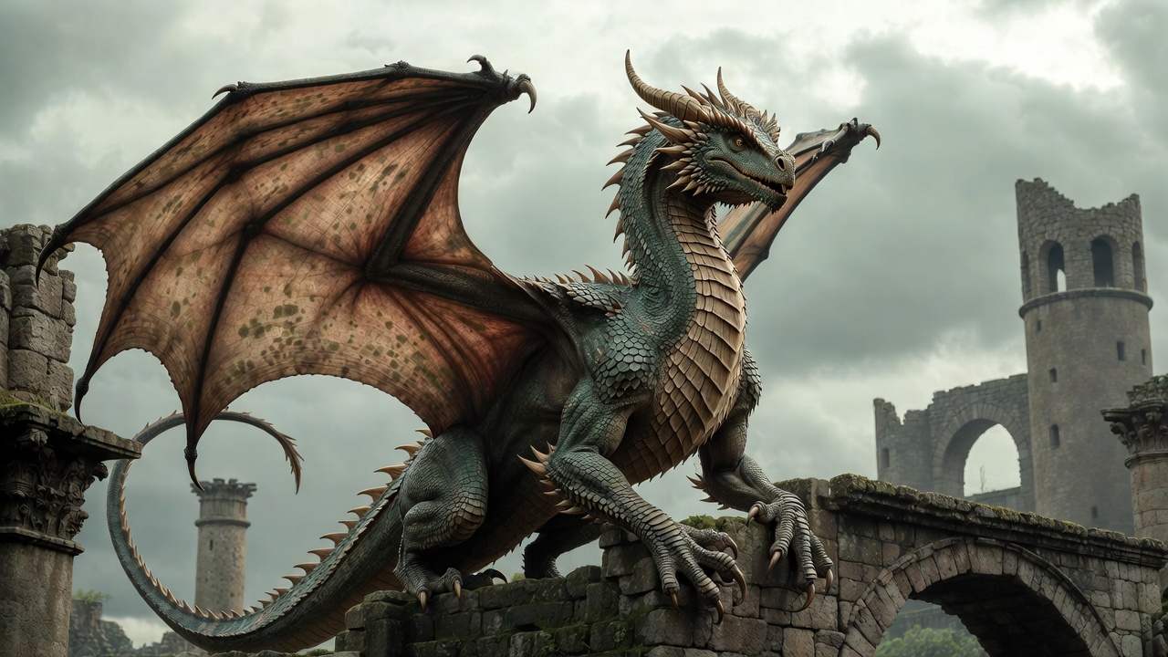 Majestic Green Dragon on Ruins Majestic Green Dragon on Ruins