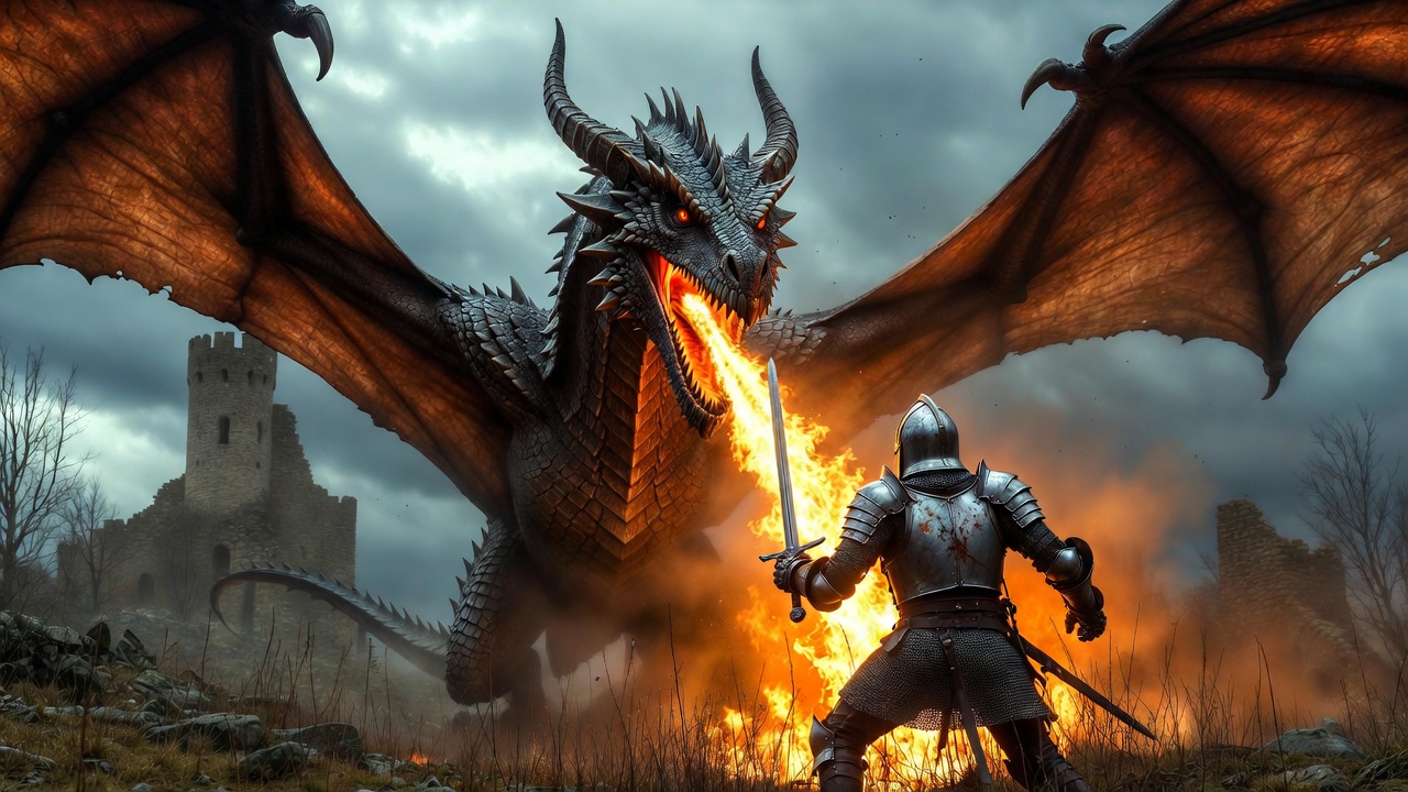 Knight battling fire-breathing dragon Knight battling fire-breathing dragon