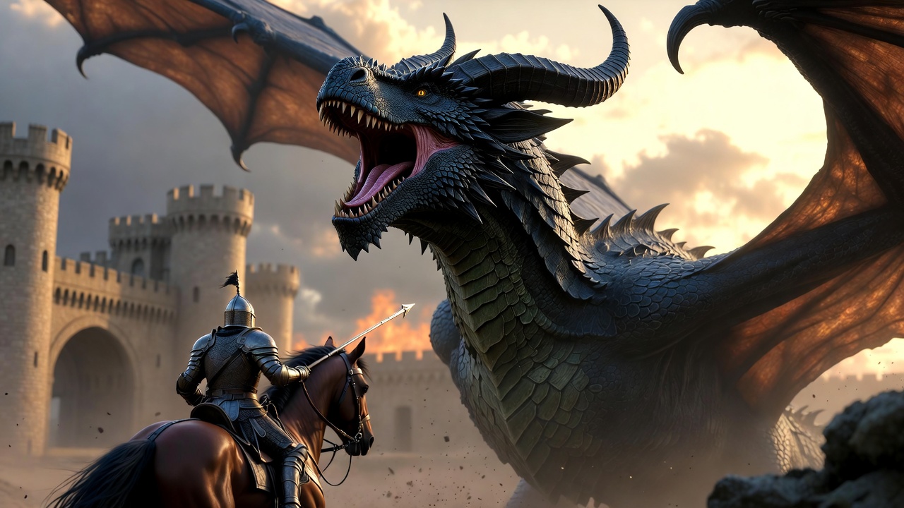 Knight on Horse Facing Dragon Knight on Horse Facing Dragon