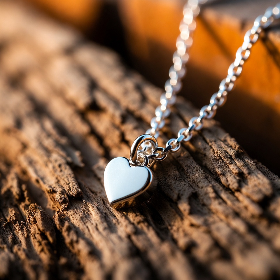 Silver heart necklace on wood Silver heart necklace on wood