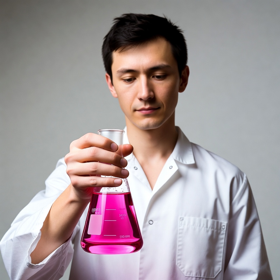 Young man holding pink lab flask Young man holding pink lab flask