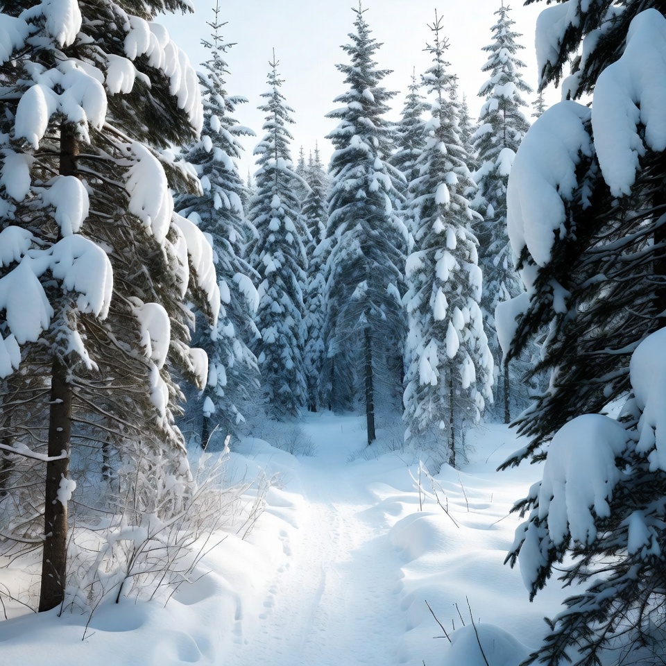 Snowy Path Through Pine Forest Snowy Path Through Pine Forest