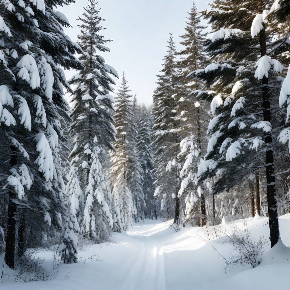 Snowy Path Through Pine Forest Snowy Path Through Pine Forest