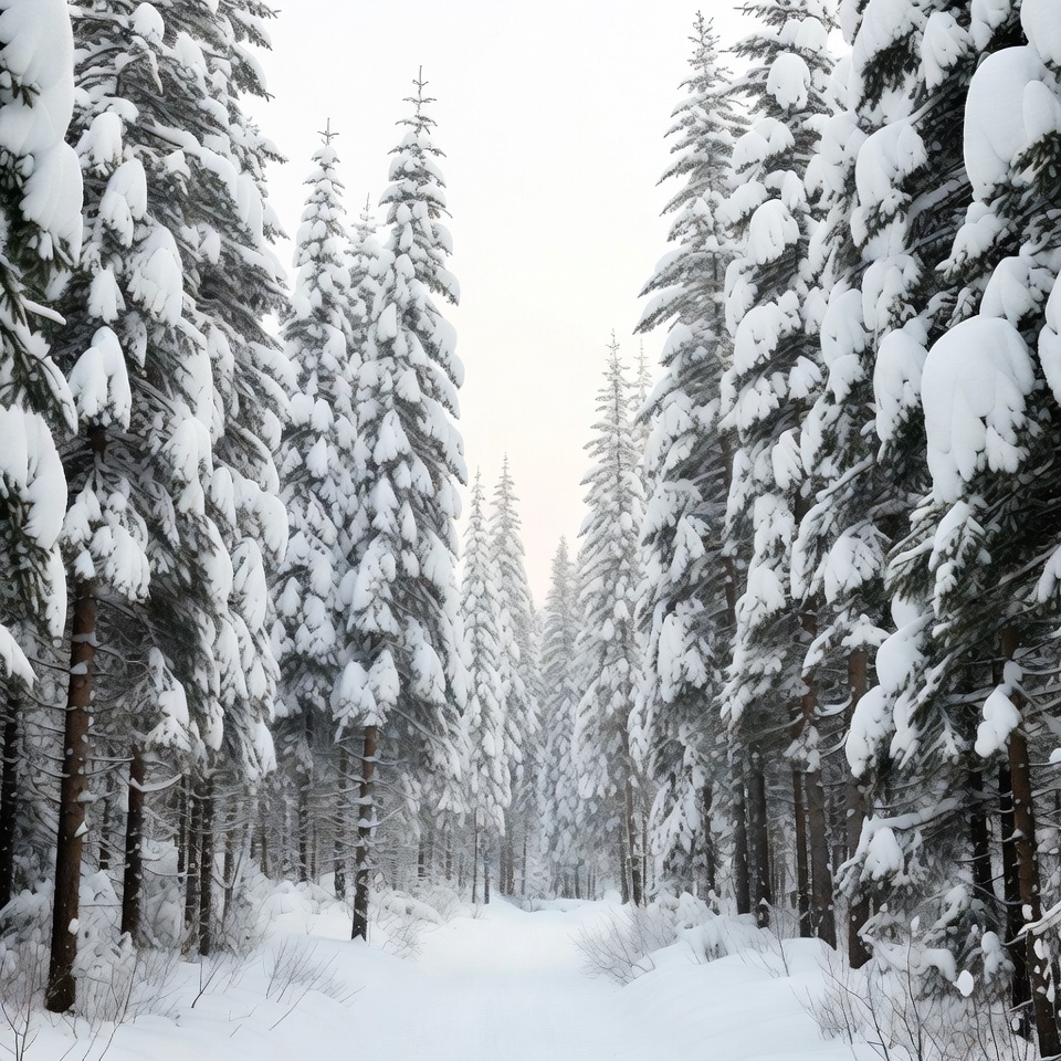 Snowy Path Through Pine Forest Snowy Path Through Pine Forest