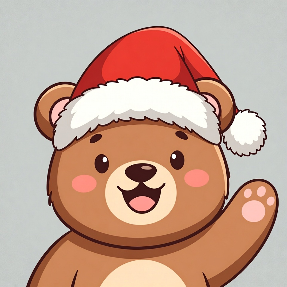 Cute cartoon bear waving in Santa hat Cute cartoon bear waving in Santa hat