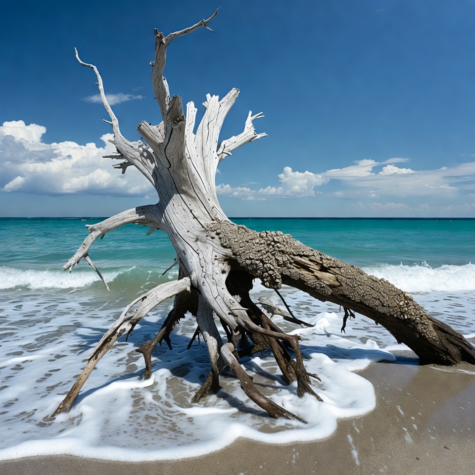 Driftwood on beach with turquoise ocean Driftwood on beach with turquoise ocean