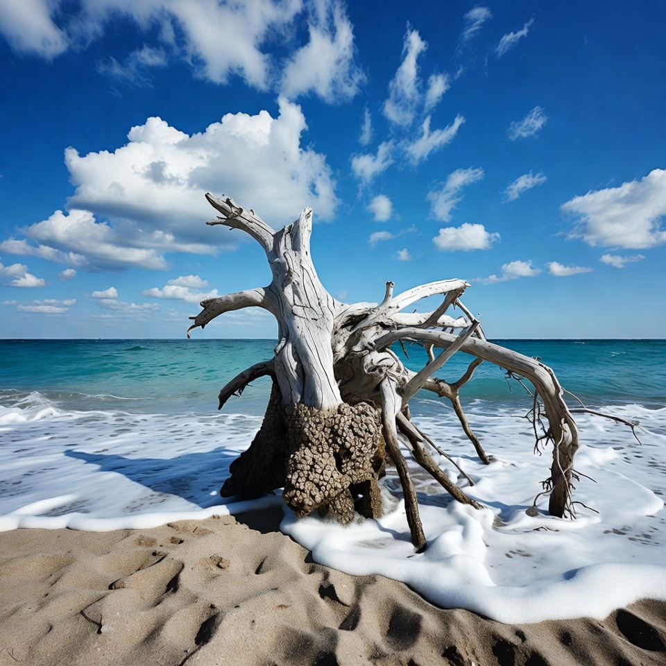 Driftwood Tree on Beach with Ocean Driftwood Tree on Beach with Ocean