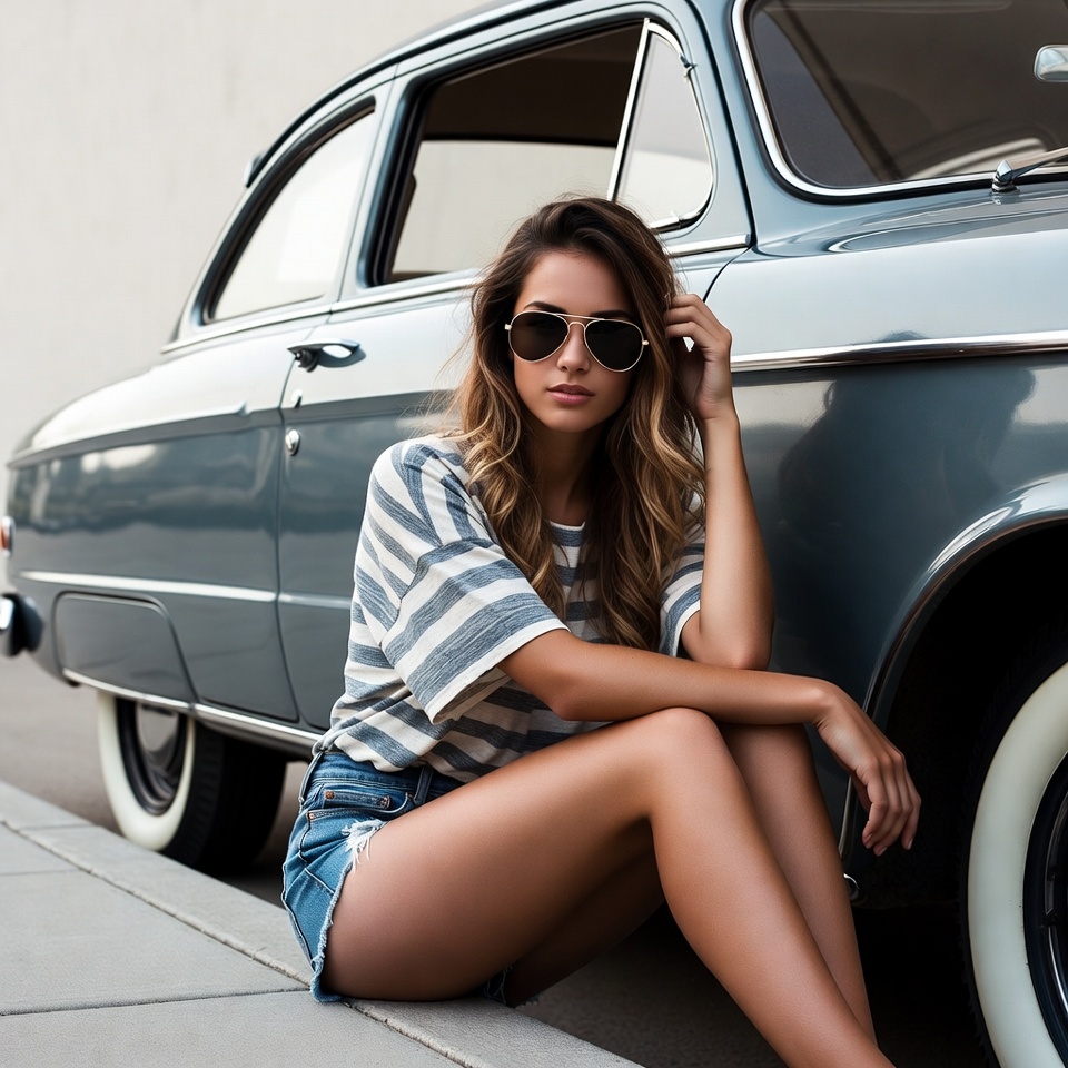 Woman leaning against vintage car Woman leaning against vintage car