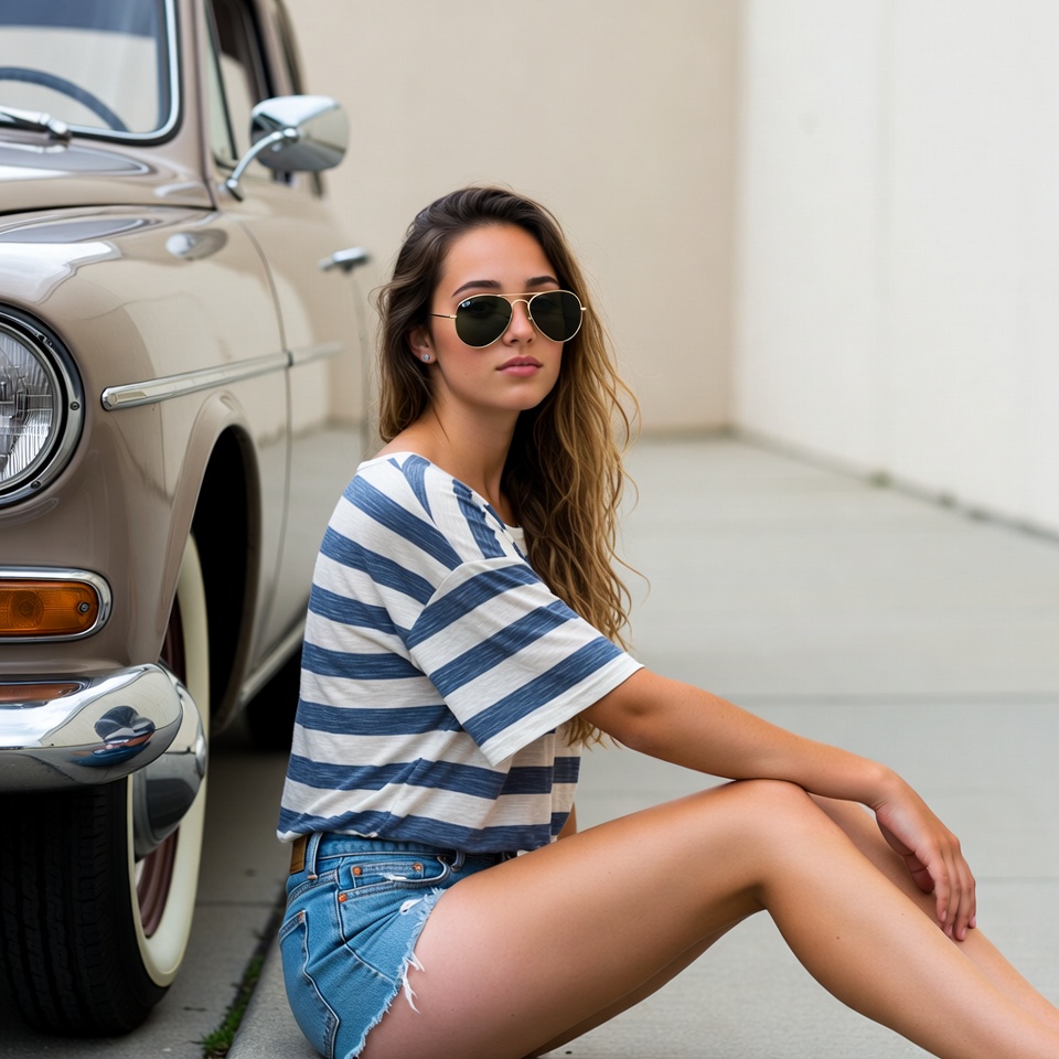 Woman leaning against vintage car Woman leaning against vintage car