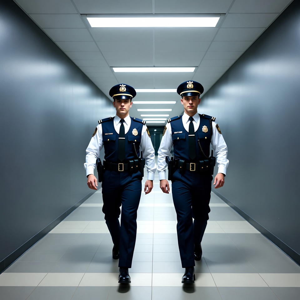 Two police officers walking in corridor Two police officers walking in corridor