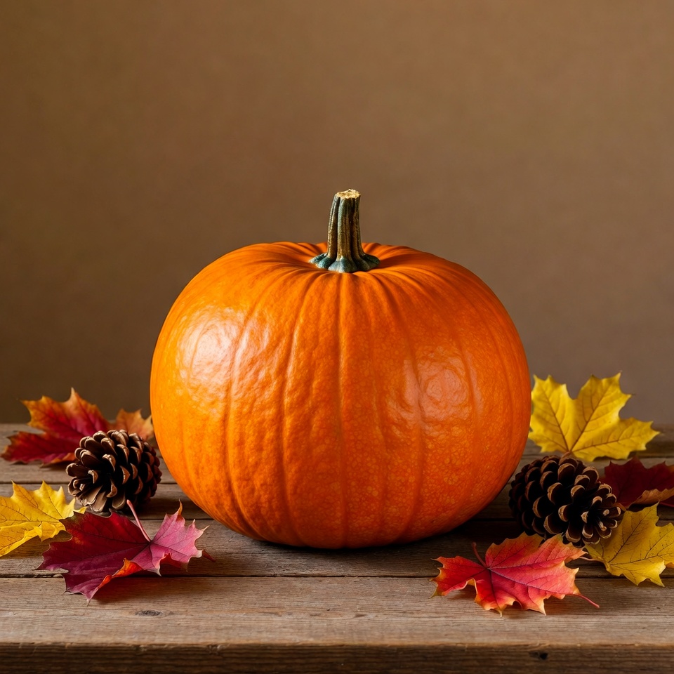 Pumpkin with autumn leaves and pinecones Pumpkin with autumn leaves and pinecones