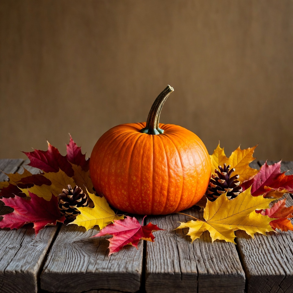 Pumpkin with autumn leaves and pinecones Pumpkin with autumn leaves and pinecones