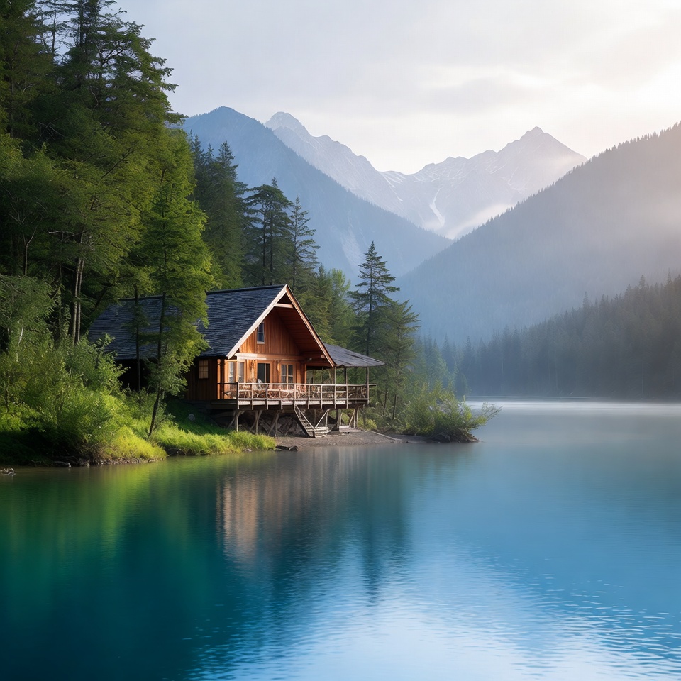 Wooden Cabin by Mountain Lake Wooden Cabin by Mountain Lake