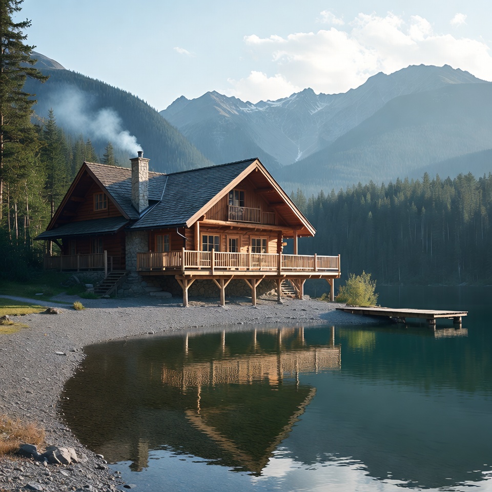 Log cabin by mountain lake Log cabin by mountain lake