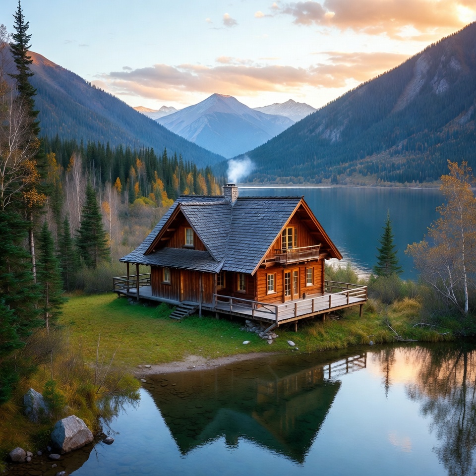 Wooden Cabin by Mountain Lake Wooden Cabin by Mountain Lake