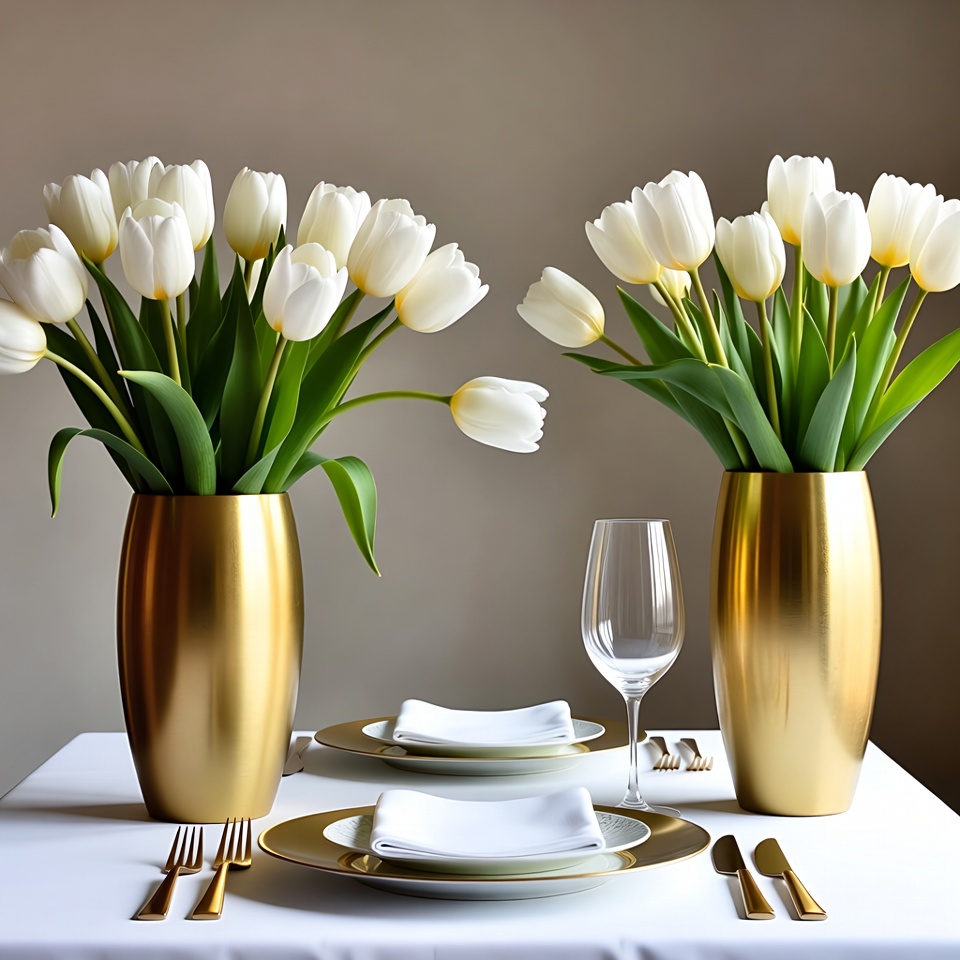 White Tulips in Gold Vases on Table White Tulips in Gold Vases on Table