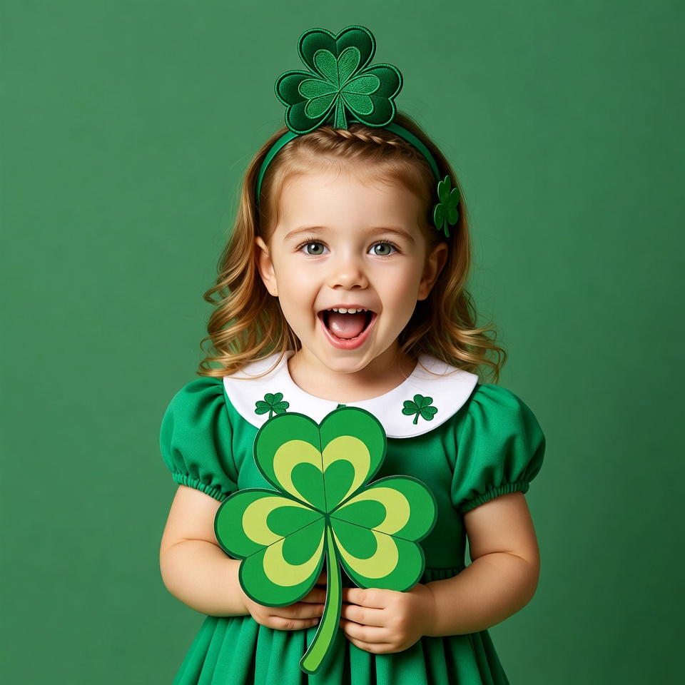 Girl holding shamrock in green dress Girl holding shamrock in green dress