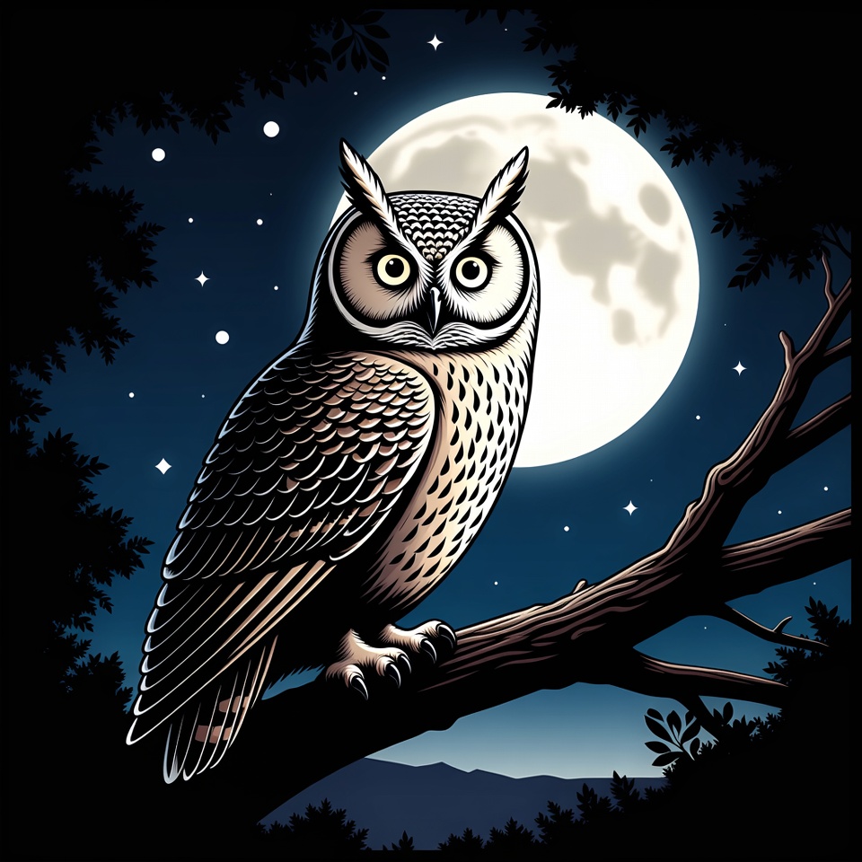 Owl perched on branch under moon Owl perched on branch under moon