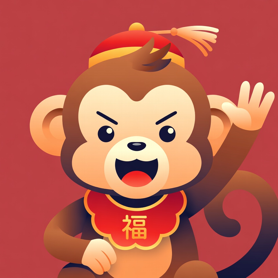 Cartoon Monkey in Chinese Hat Waving Cartoon Monkey in Chinese Hat Waving