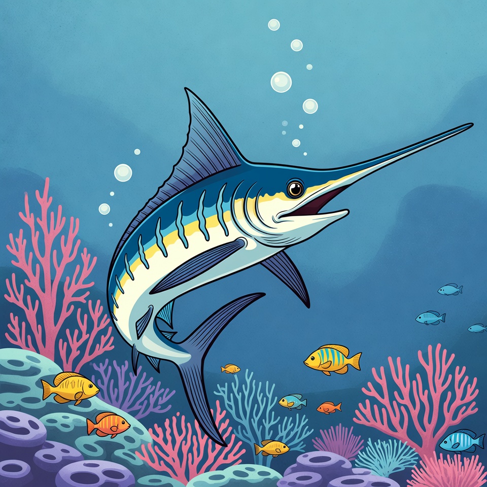 Cartoon Blue Marlin Swimming Underwater Cartoon Blue Marlin Swimming Underwater