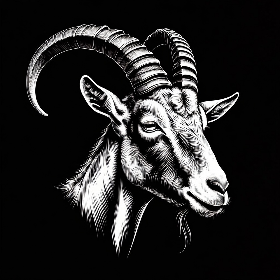 Black and white goat head illustration Black and white goat head illustration
