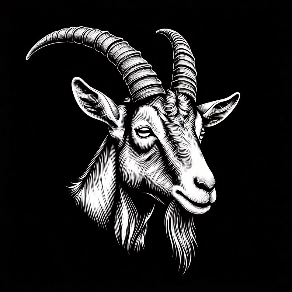 Black and white goat head illustration Black and white goat head illustration