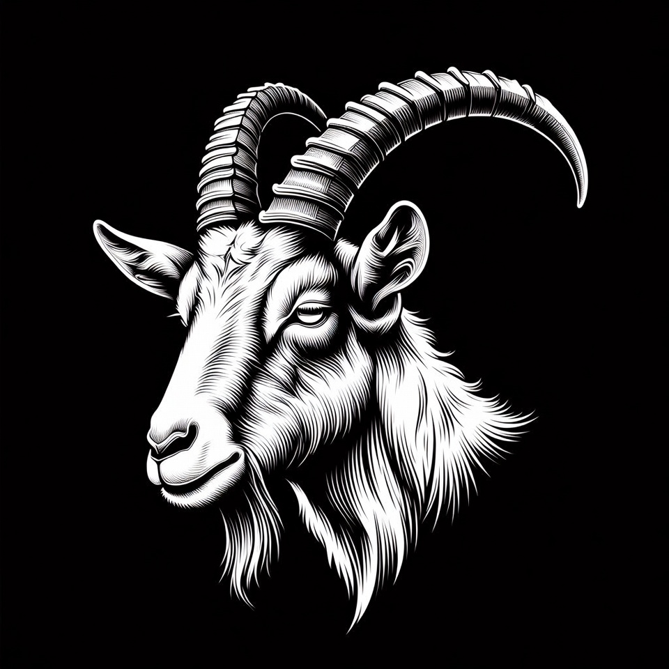 Black and white goat head illustration Black and white goat head illustration