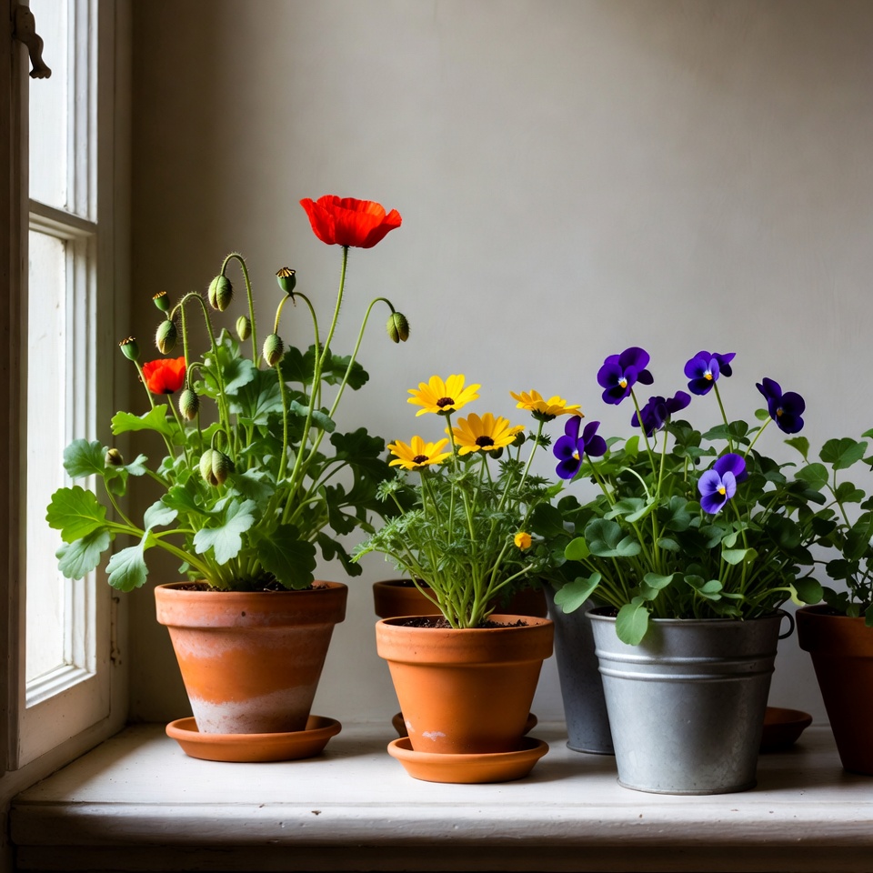 Colorful Flowers in Pots on Windowsill Colorful Flowers in Pots on Windowsill