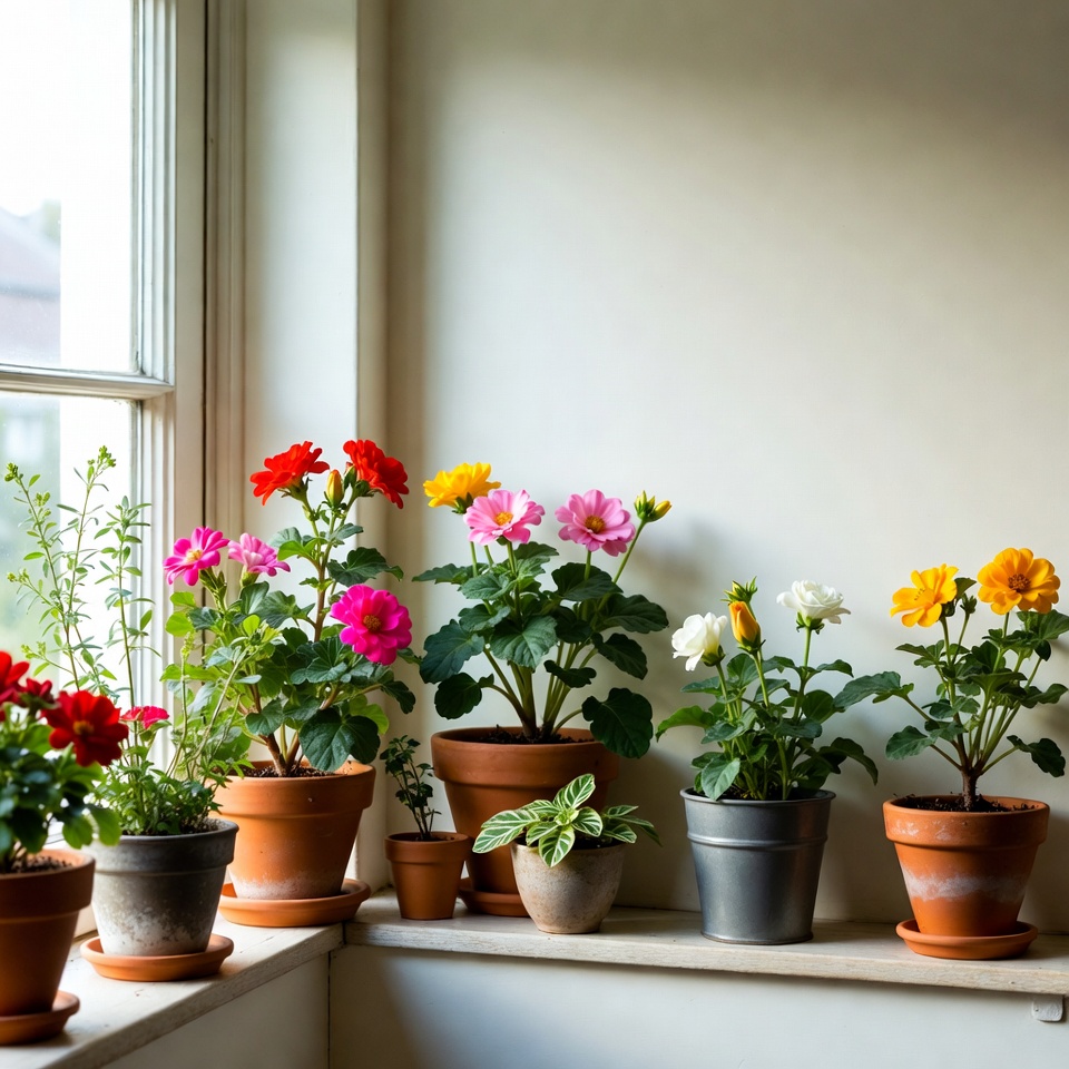 Colorful Potted Flowers on Windowsill Colorful Potted Flowers on Windowsill