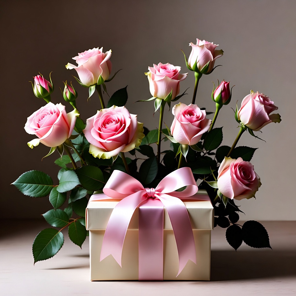 Pink Roses Bouquet on White Gift Box Pink Roses Bouquet on White Gift Box