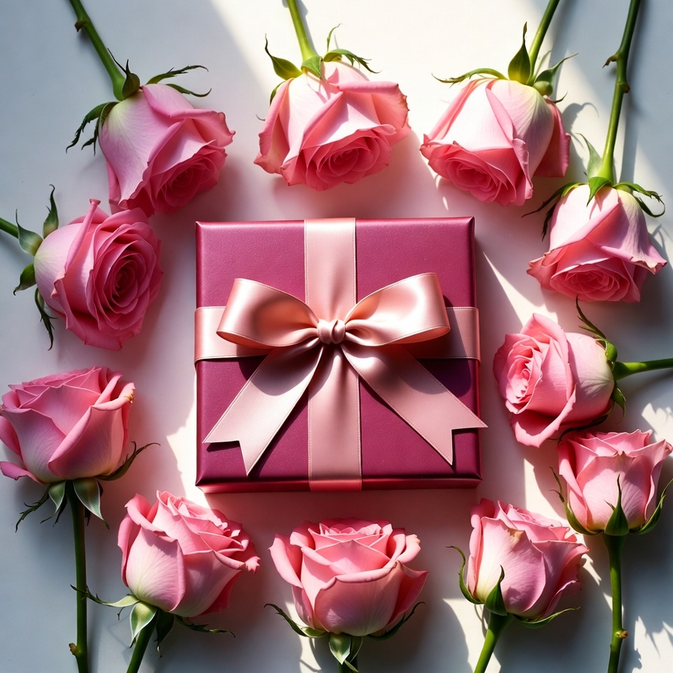 Pink Roses Surrounding Gift Box Pink Roses Surrounding Gift Box