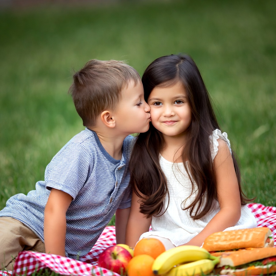 Boy kissing girl on picnic Boy kissing girl on picnic