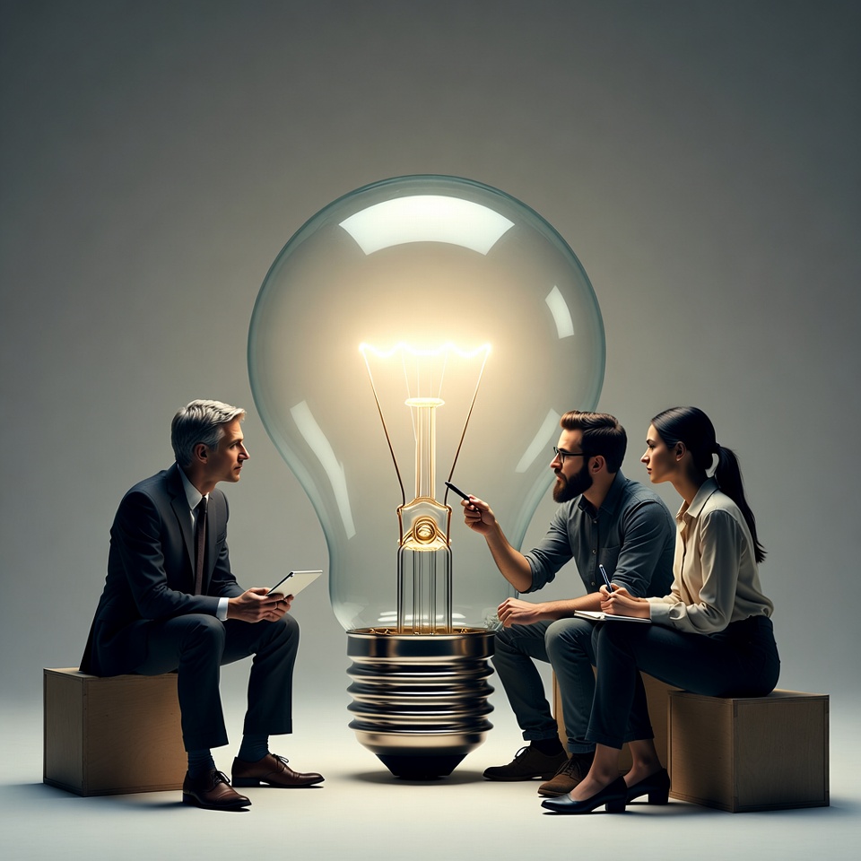 Business team brainstorming around giant lightbulb Business team brainstorming around giant lightbulb