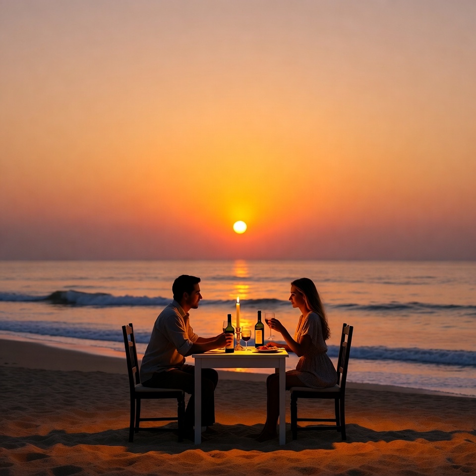 Couple dining at sunset beach Couple dining at sunset beach