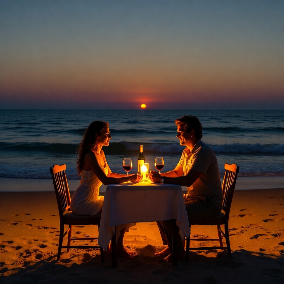 Couple enjoying romantic beach dinner Couple enjoying romantic beach dinner