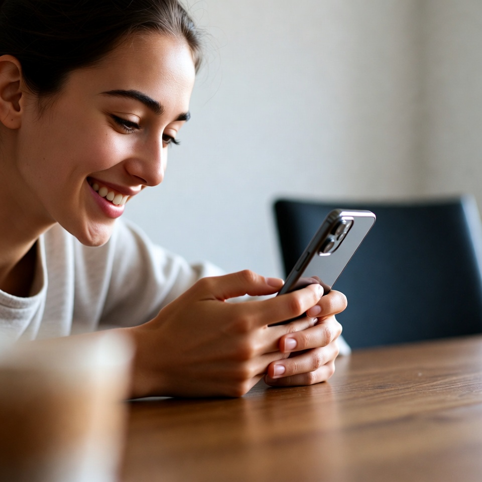 Smiling woman using smartphone at table Smiling woman using smartphone at table