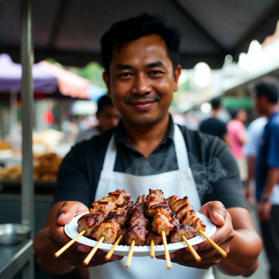 Asian man holding grilled skewers Asian man holding grilled skewers