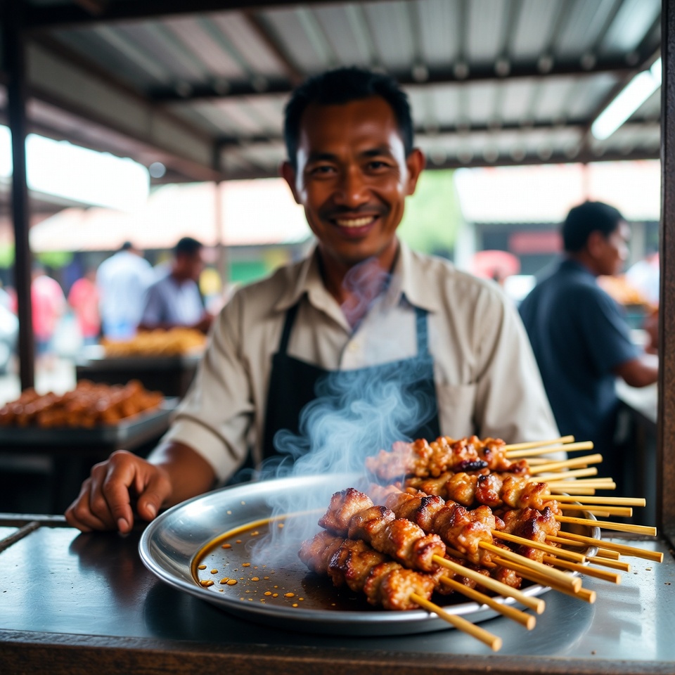 Asian man serving satay skewers Asian man serving satay skewers