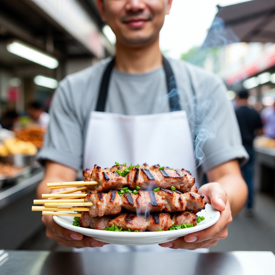 Asian man holding grilled skewers Asian man holding grilled skewers