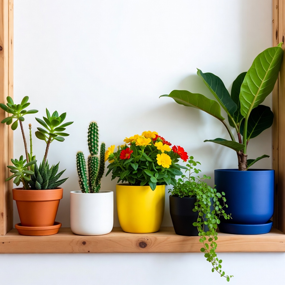 Potted Plants on Wooden Shelf Potted Plants on Wooden Shelf