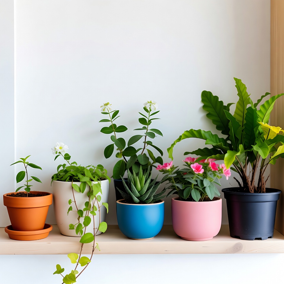 Variety of potted plants on shelf Variety of potted plants on shelf