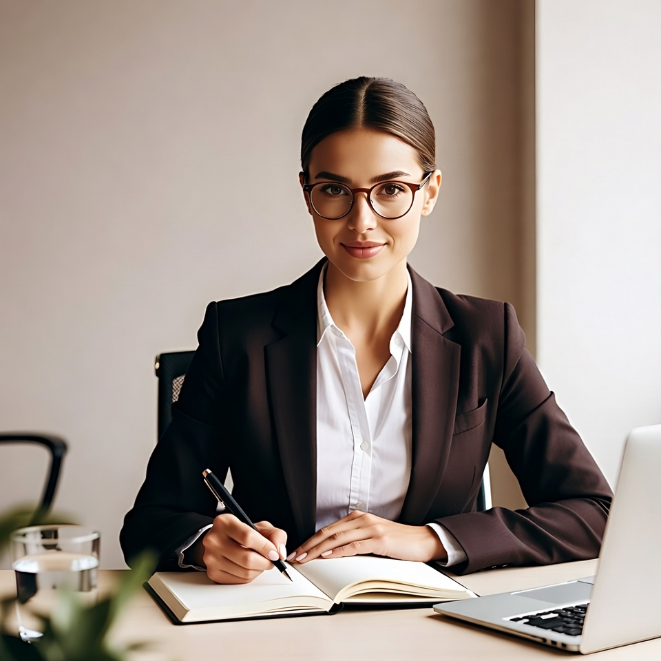 Woman writing in notebook at desk Woman writing in notebook at desk