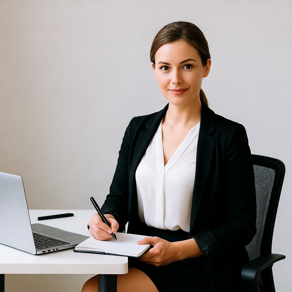 Woman writing in notebook at desk Woman writing in notebook at desk
