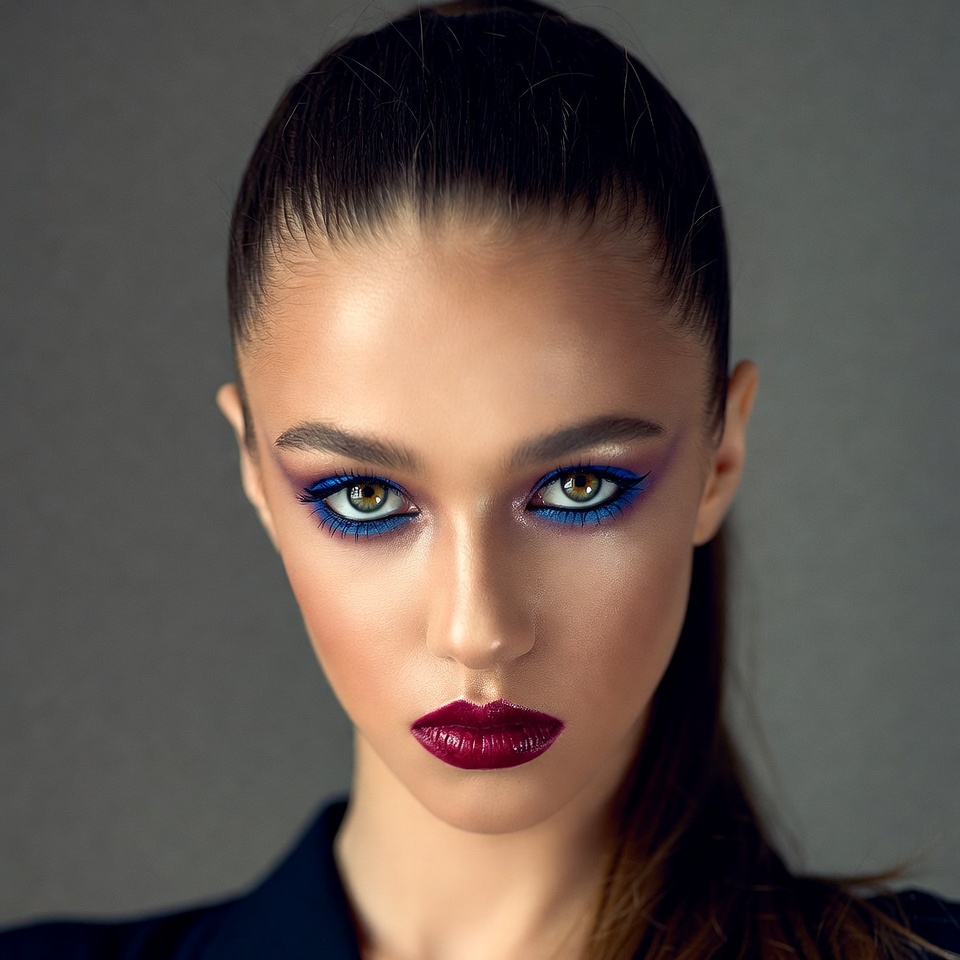 Woman with blue eyeshadow ponytail Woman with blue eyeshadow ponytail