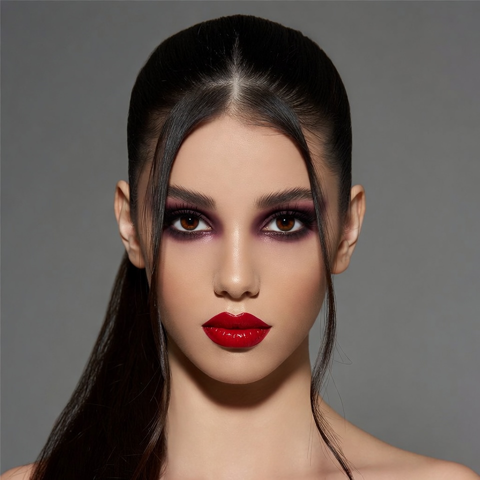 Woman with dramatic purple eyeshadow and red lips Woman with dramatic purple eyeshadow and red lips