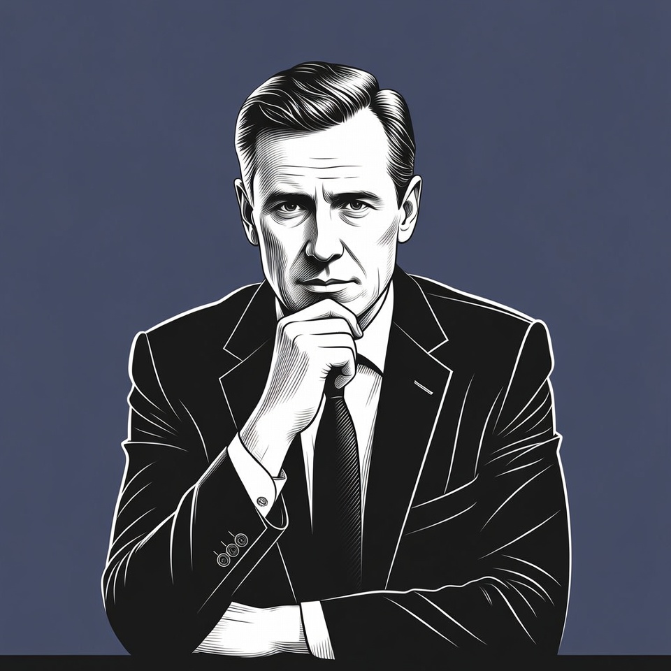 Man in suit thinking with hand on chin Man in suit thinking with hand on chin